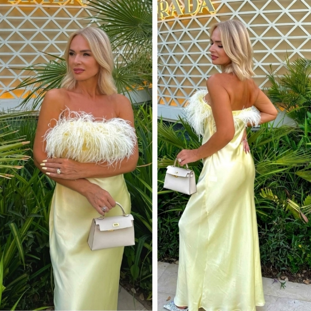 Zara Feathered Satin Midi Dress Yellow Size L - Picture 5 of 16